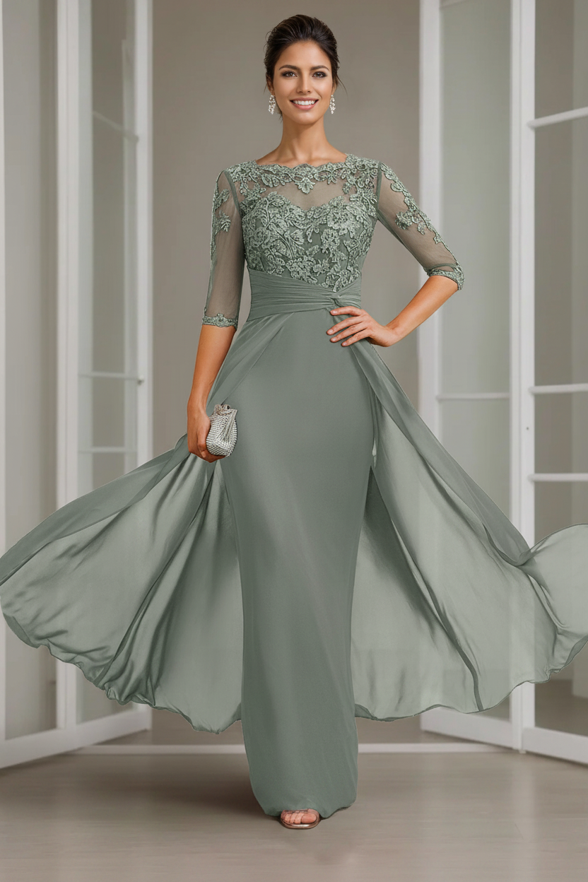 Sheath/Column Scoop Chiffon Lace Mother of the Bride Dresses Half Sleeves Floor-Length with Appliques