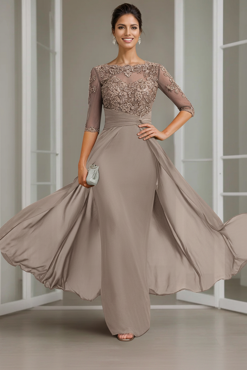 Sheath/Column Scoop Chiffon Lace Mother of the Bride Dresses Half Sleeves Floor-Length with Appliques