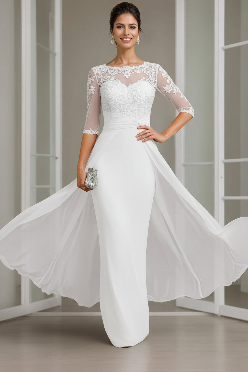 Sheath/Column Scoop Chiffon Lace Mother of the Bride Dresses Half Sleeves Floor-Length with Appliques