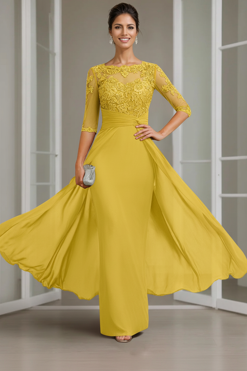 Sheath/Column Scoop Chiffon Lace Mother of the Bride Dresses Half Sleeves Floor-Length with Appliques
