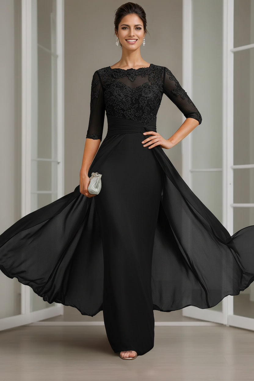 Sheath/Column Scoop Chiffon Lace Mother of the Bride Dresses Half Sleeves Floor-Length with Appliques