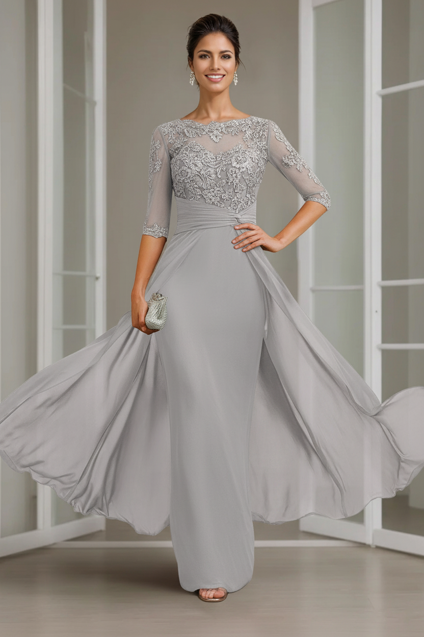 Sheath/Column Scoop Chiffon Lace Mother of the Bride Dresses Half Sleeves Floor-Length with Appliques