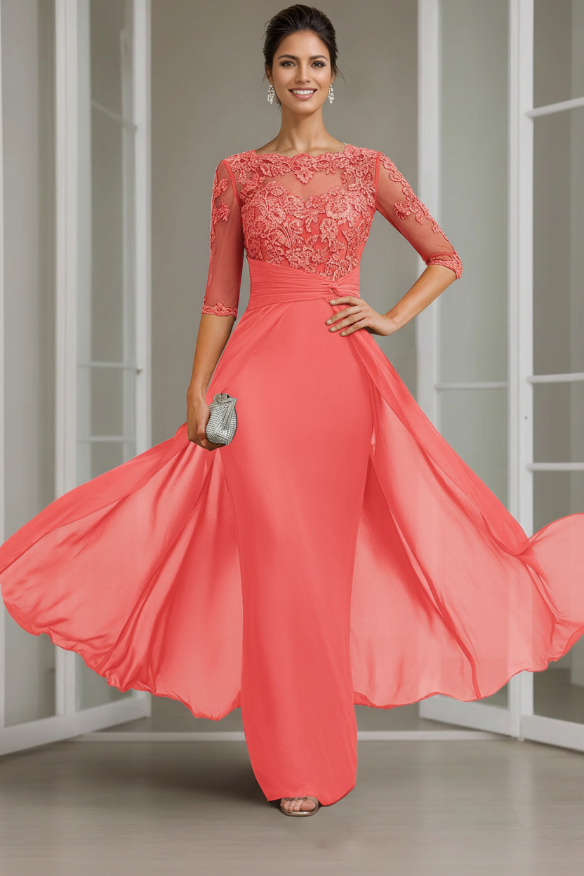 Sheath/Column Scoop Chiffon Lace Mother of the Bride Dresses Half Sleeves Floor-Length with Appliques