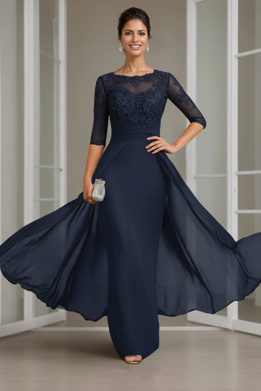 Sheath/Column Scoop Chiffon Lace Mother of the Bride Dresses Half Sleeves Floor-Length with Appliques