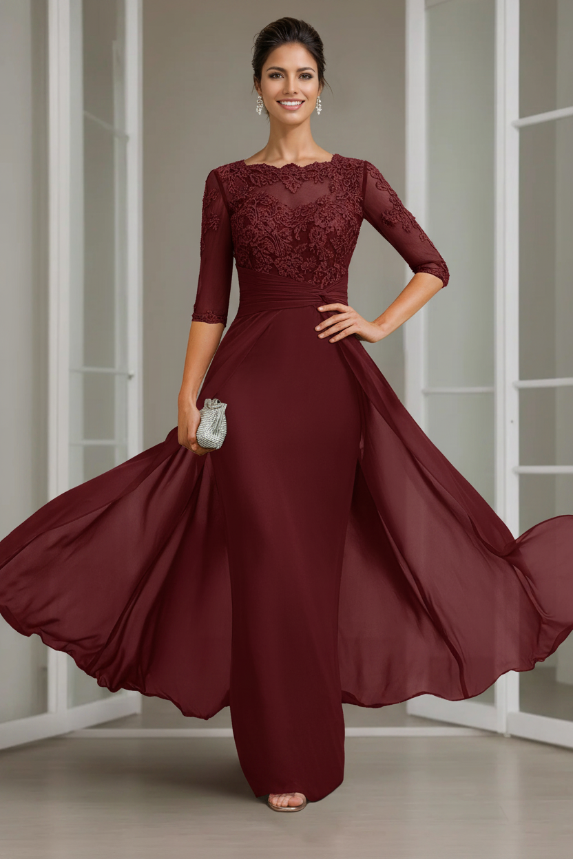Sheath/Column Scoop Chiffon Lace Mother of the Bride Dresses Half Sleeves Floor-Length with Appliques