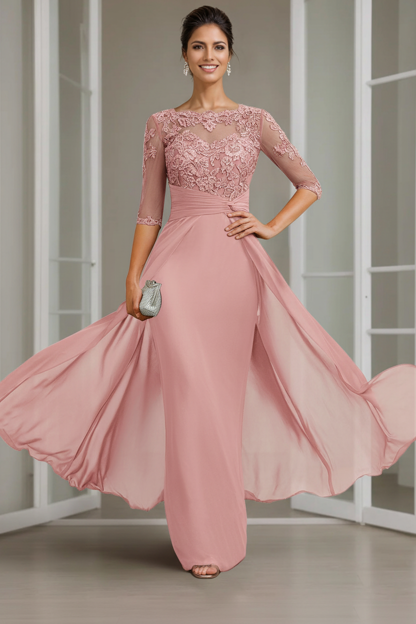 Sheath/Column Scoop Chiffon Lace Mother of the Bride Dresses Half Sleeves Floor-Length with Appliques