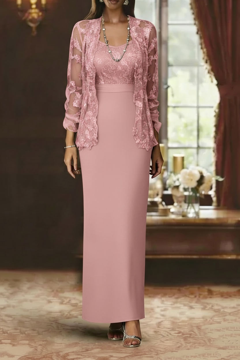 Sheath/Column Scoop Chiffon Mother of the Bride Dresses with Jacket Lace Ankle-Length Long Sleeves