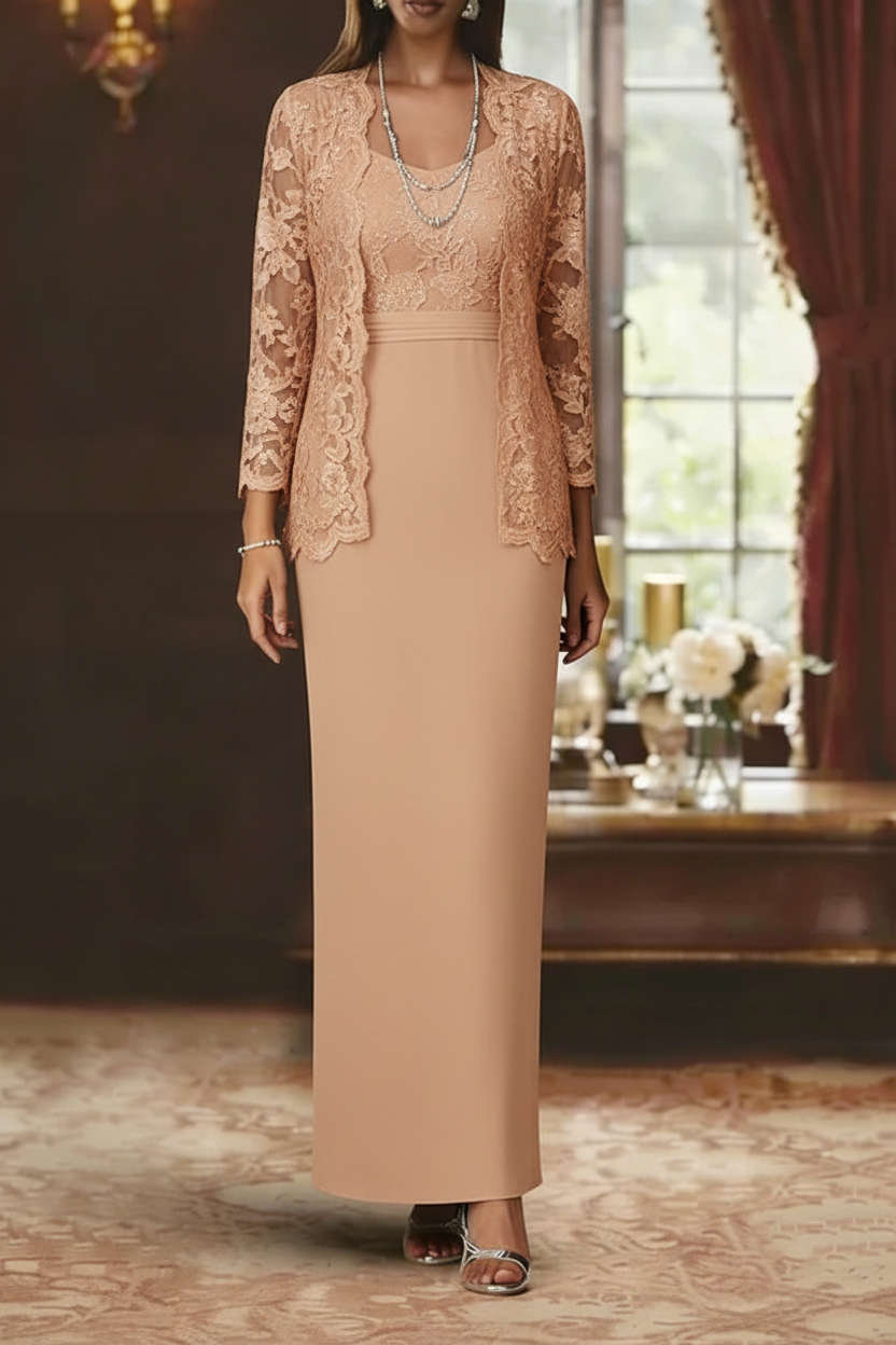 Sheath/Column Scoop Chiffon Mother of the Bride Dresses with Jacket Lace Ankle-Length Long Sleeves