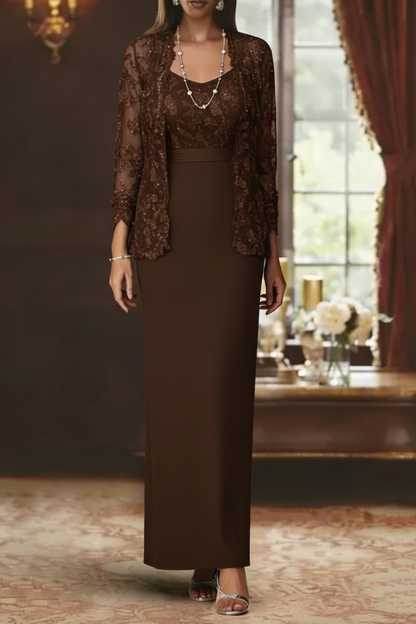Sheath/Column Scoop Chiffon Mother of the Bride Dresses with Jacket Lace Ankle-Length Long Sleeves