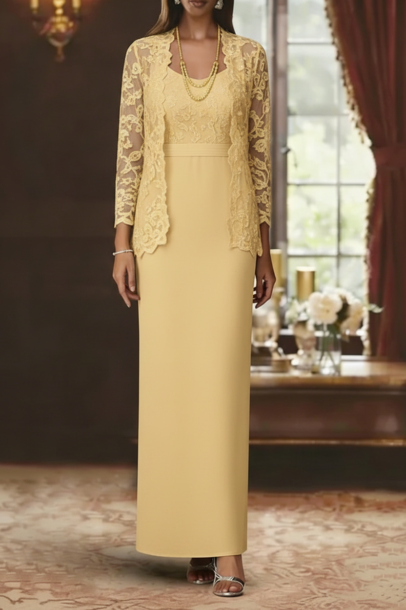 Sheath/Column Scoop Chiffon Mother of the Bride Dresses with Jacket Lace Ankle-Length Long Sleeves