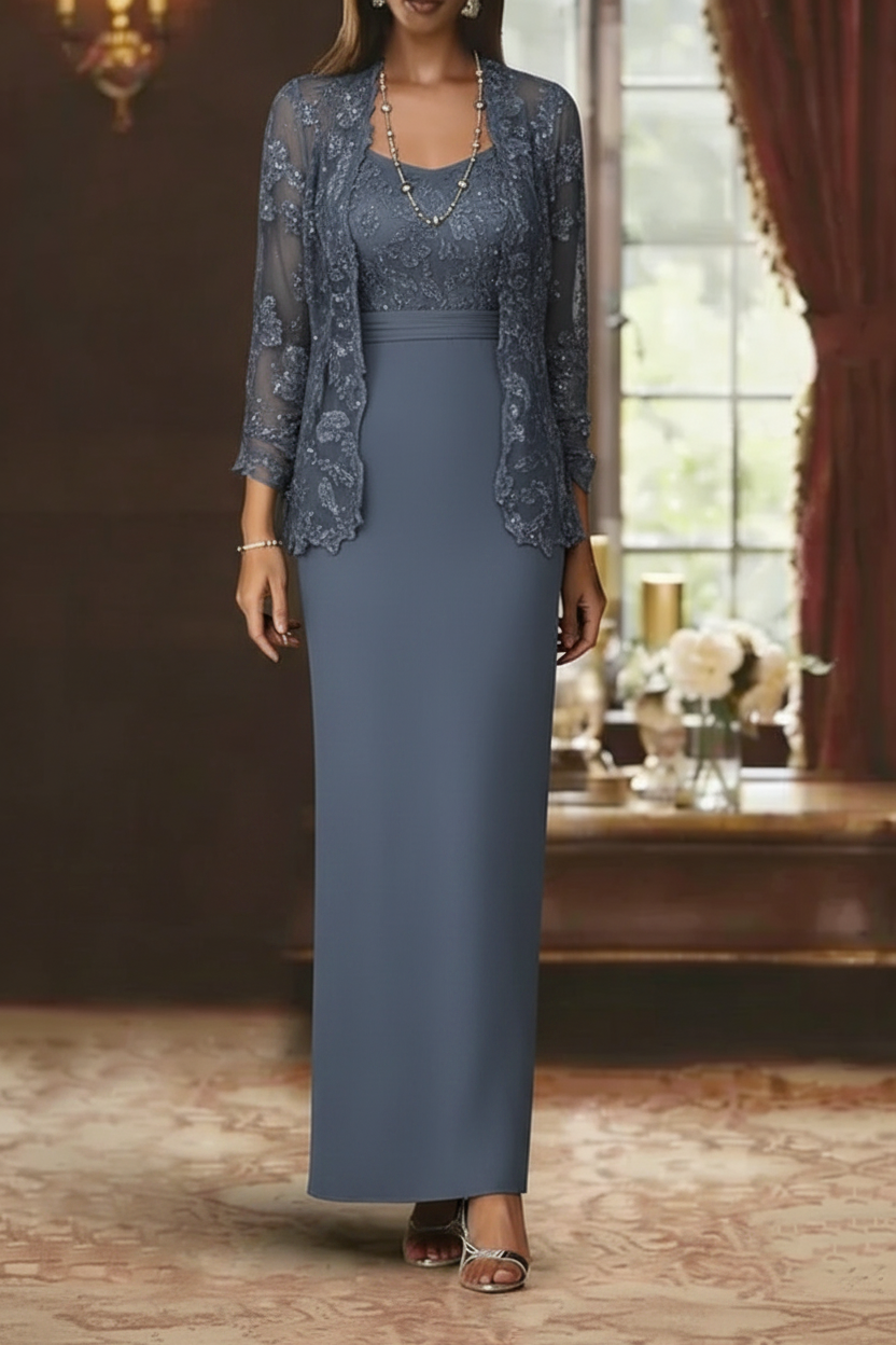 Sheath/Column Scoop Chiffon Mother of the Bride Dresses with Jacket Lace Ankle-Length Long Sleeves