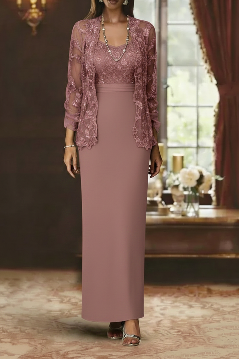 Sheath/Column Scoop Chiffon Mother of the Bride Dresses with Jacket Lace Ankle-Length Long Sleeves