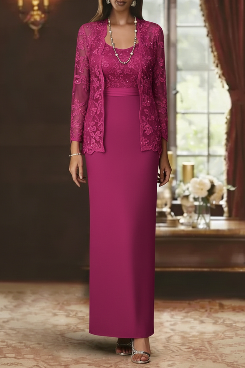 Sheath/Column Scoop Chiffon Mother of the Bride Dresses with Jacket Lace Ankle-Length Long Sleeves