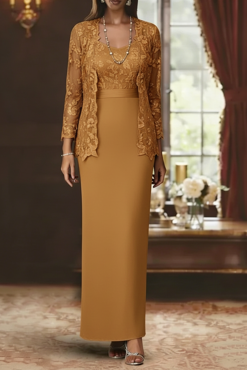 Sheath/Column Scoop Chiffon Mother of the Bride Dresses with Jacket Lace Ankle-Length Long Sleeves