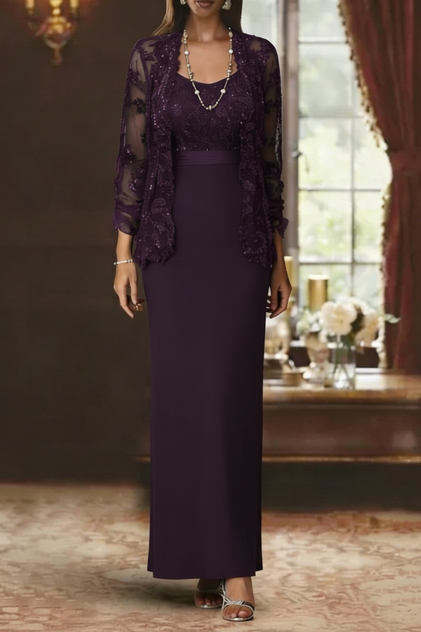 Sheath/Column Scoop Chiffon Mother of the Bride Dresses with Jacket Lace Ankle-Length Long Sleeves