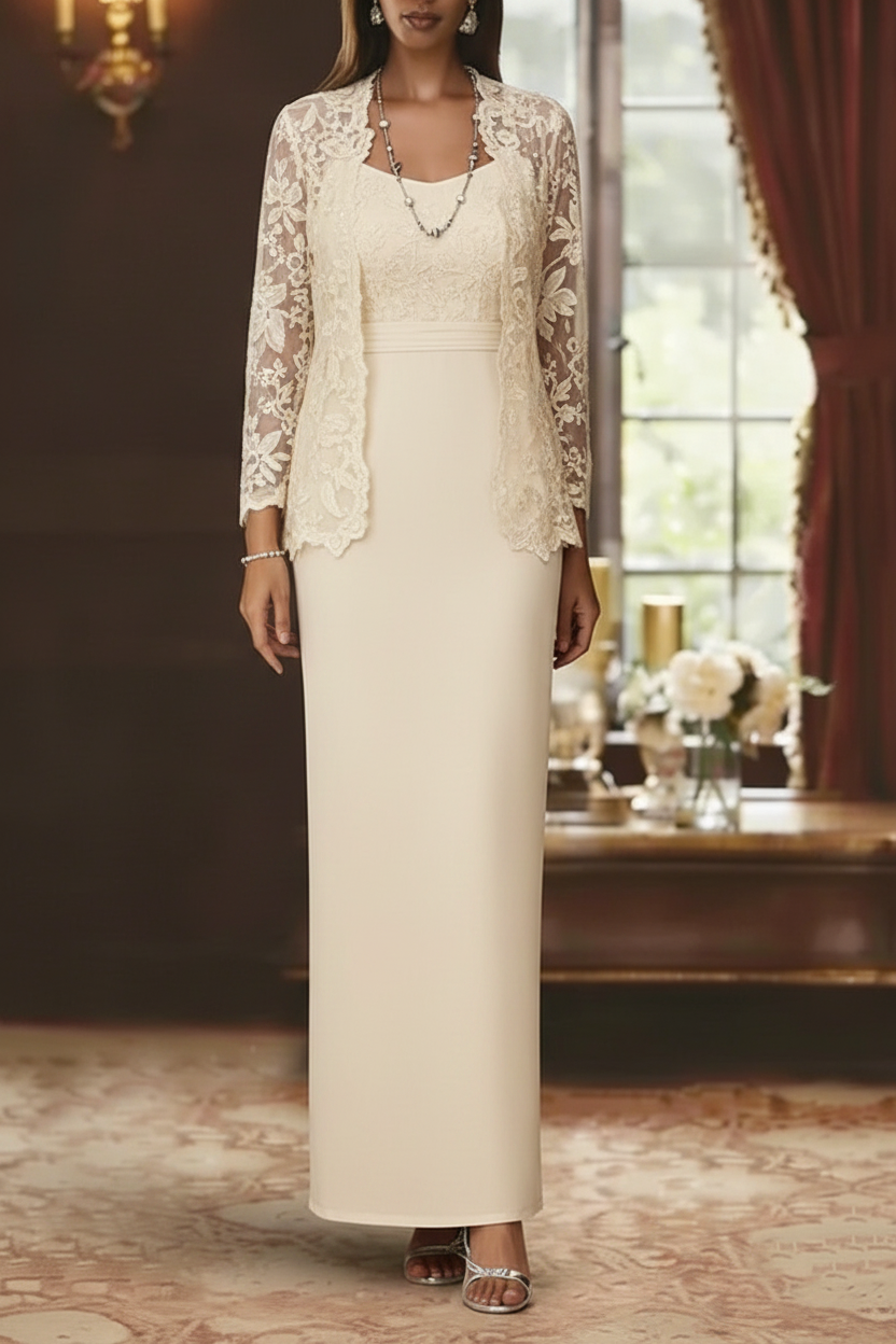 Sheath/Column Scoop Chiffon Mother of the Bride Dresses with Jacket Lace Ankle-Length Long Sleeves