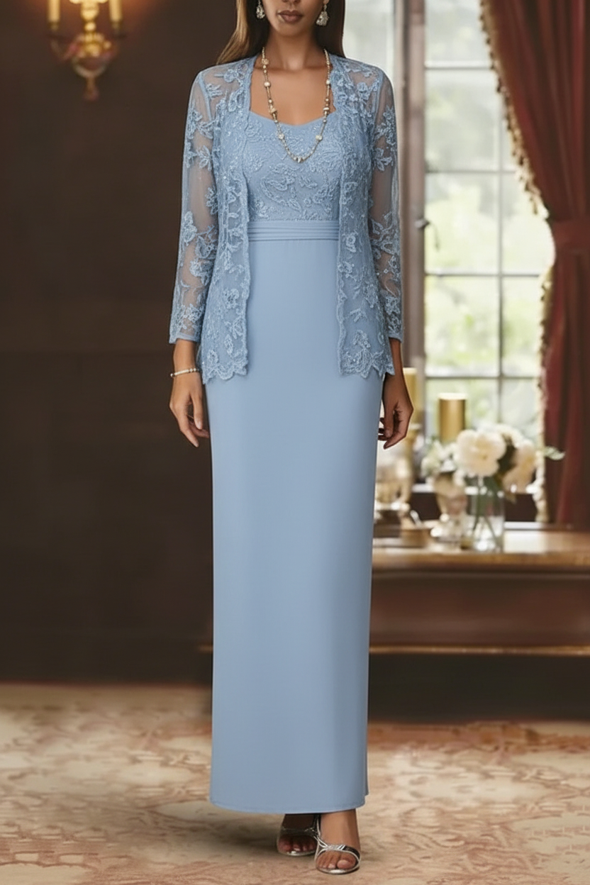 Sheath/Column Scoop Chiffon Mother of the Bride Dresses with Jacket Lace Ankle-Length Long Sleeves