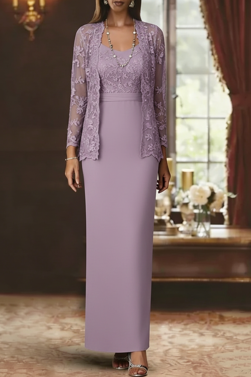 Sheath/Column Scoop Chiffon Mother of the Bride Dresses with Jacket Lace Ankle-Length Long Sleeves