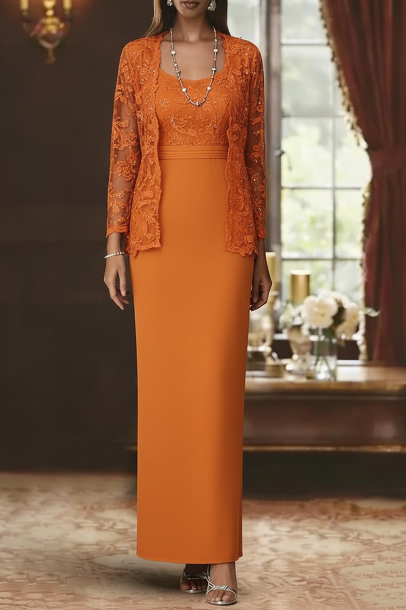 Sheath/Column Scoop Chiffon Mother of the Bride Dresses with Jacket Lace Ankle-Length Long Sleeves