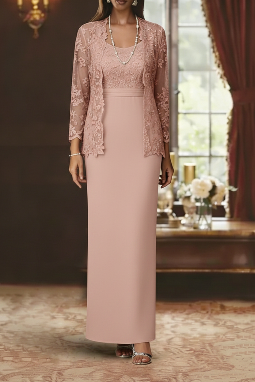 Sheath/Column Scoop Chiffon Mother of the Bride Dresses with Jacket Lace Ankle-Length Long Sleeves