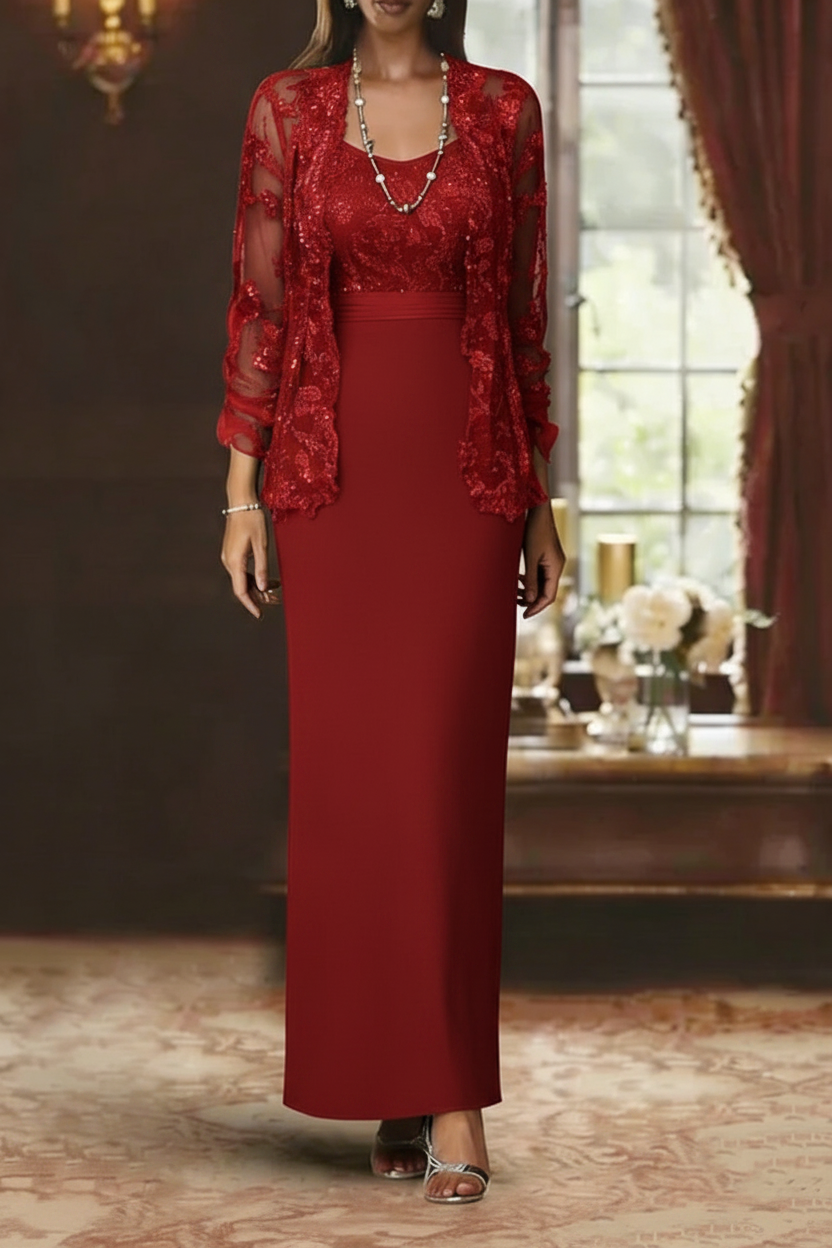 Sheath/Column Scoop Chiffon Mother of the Bride Dresses with Jacket Lace Ankle-Length Long Sleeves