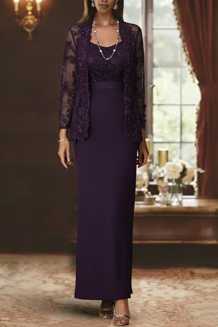 Sheath/Column Scoop Chiffon Mother of the Bride Dresses with Jacket Lace Ankle-Length Long Sleeves