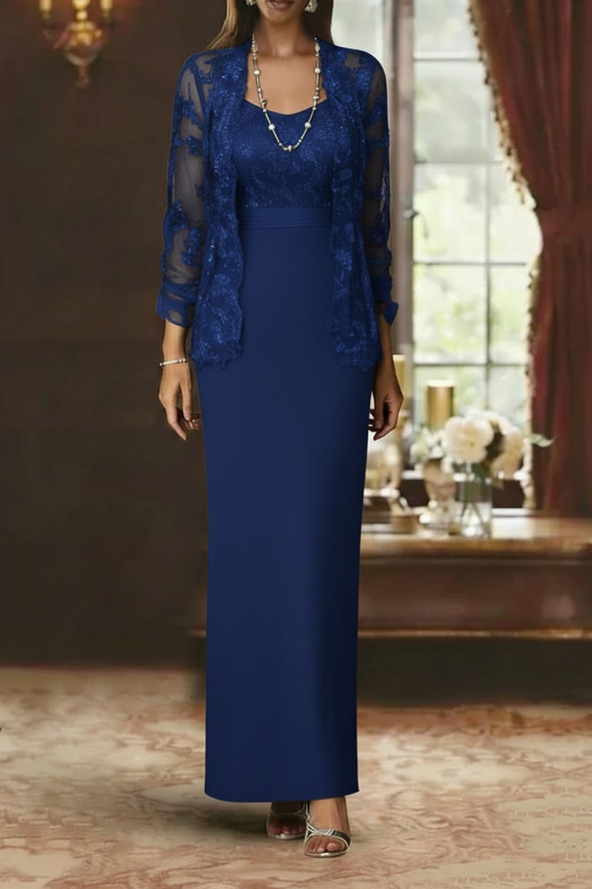 Sheath/Column Scoop Chiffon Mother of the Bride Dresses with Jacket Lace Ankle-Length Long Sleeves