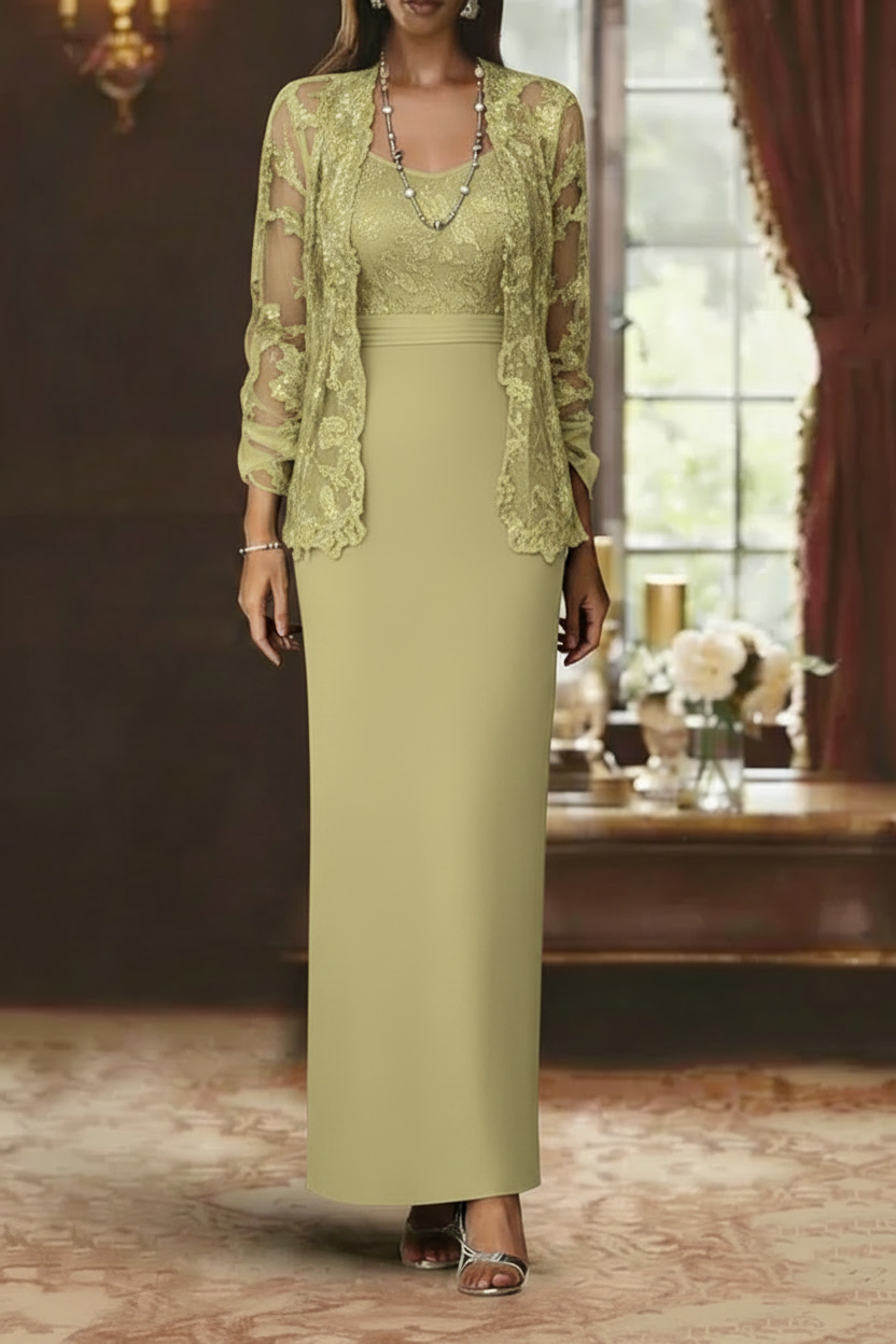 Sheath/Column Scoop Chiffon Mother of the Bride Dresses with Jacket Lace Ankle-Length Long Sleeves