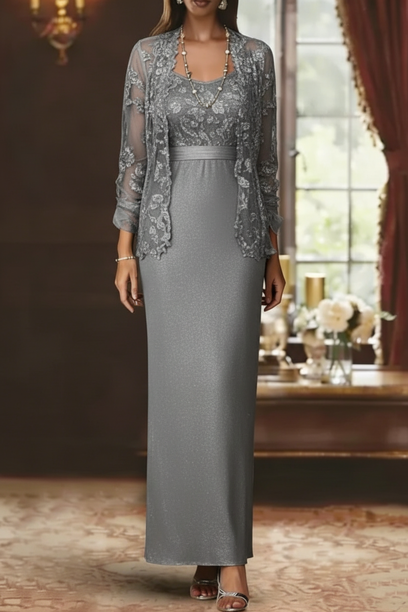 Sheath/Column Scoop Chiffon Mother of the Bride Dresses with Jacket Lace Ankle-Length Long Sleeves