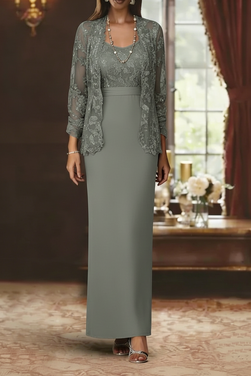 Sheath/Column Scoop Chiffon Mother of the Bride Dresses with Jacket Lace Ankle-Length Long Sleeves
