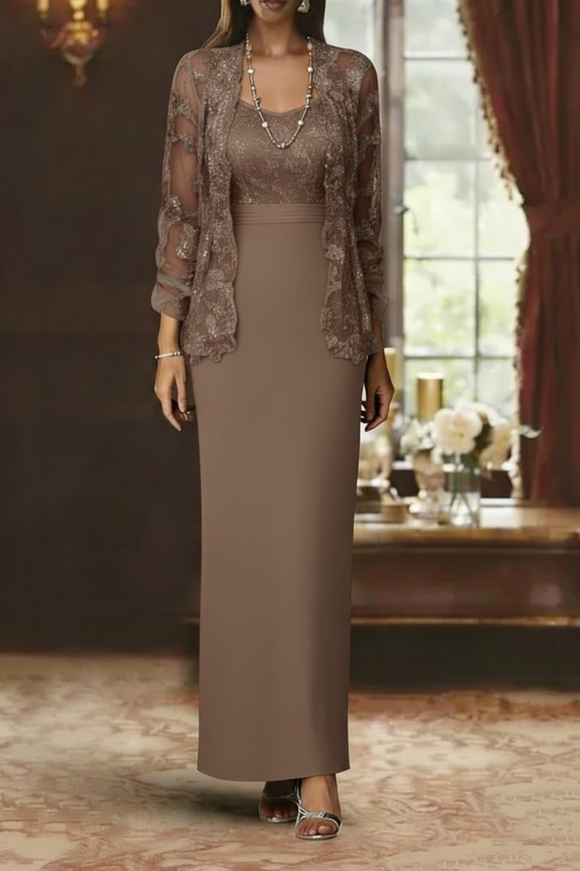 Sheath/Column Scoop Chiffon Mother of the Bride Dresses with Jacket Lace Ankle-Length Long Sleeves