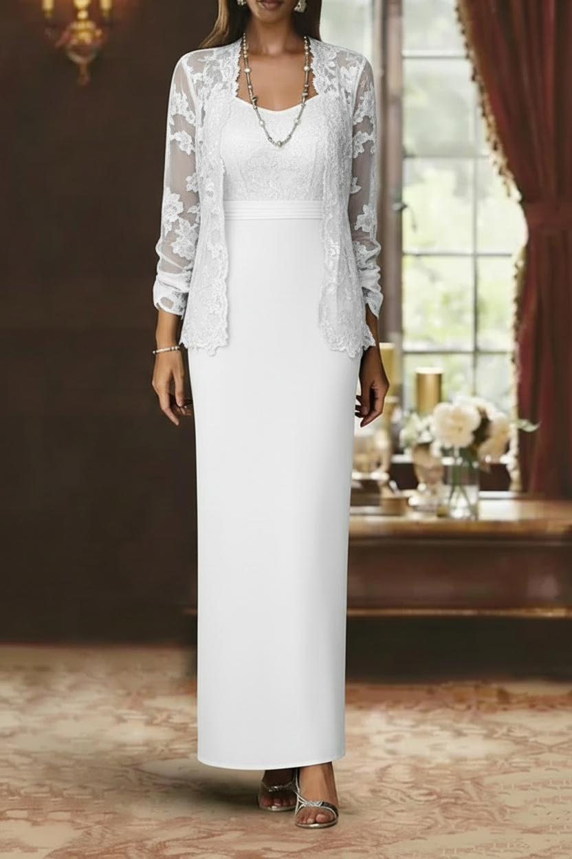 Sheath/Column Scoop Chiffon Mother of the Bride Dresses with Jacket Lace Ankle-Length Long Sleeves
