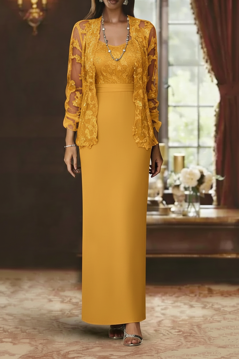 Sheath/Column Scoop Chiffon Mother of the Bride Dresses with Jacket Lace Ankle-Length Long Sleeves