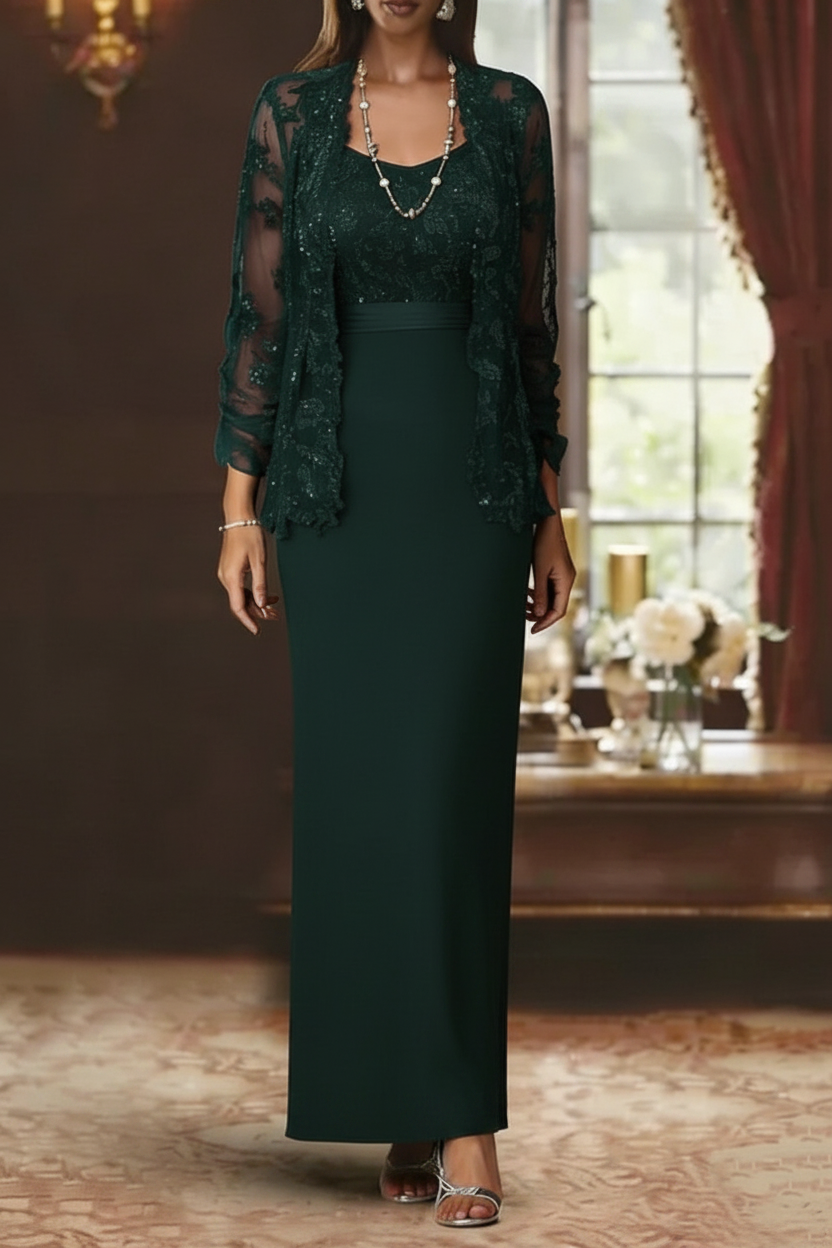 Sheath/Column Scoop Chiffon Mother of the Bride Dresses with Jacket Lace Ankle-Length Long Sleeves