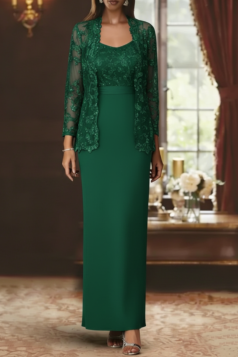 Sheath/Column Scoop Chiffon Mother of the Bride Dresses with Jacket Lace Ankle-Length Long Sleeves