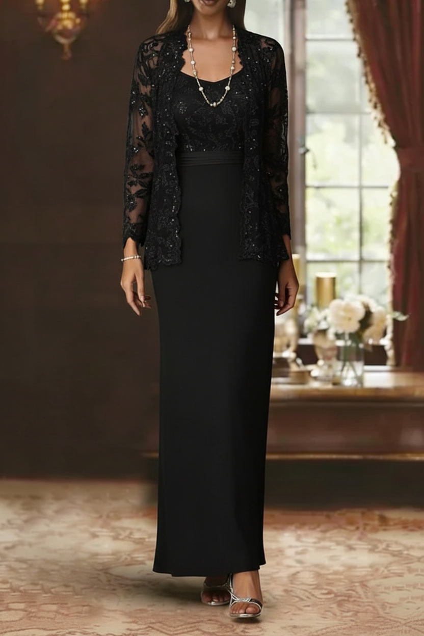 Sheath/Column Scoop Chiffon Mother of the Bride Dresses with Jacket Lace Ankle-Length Long Sleeves