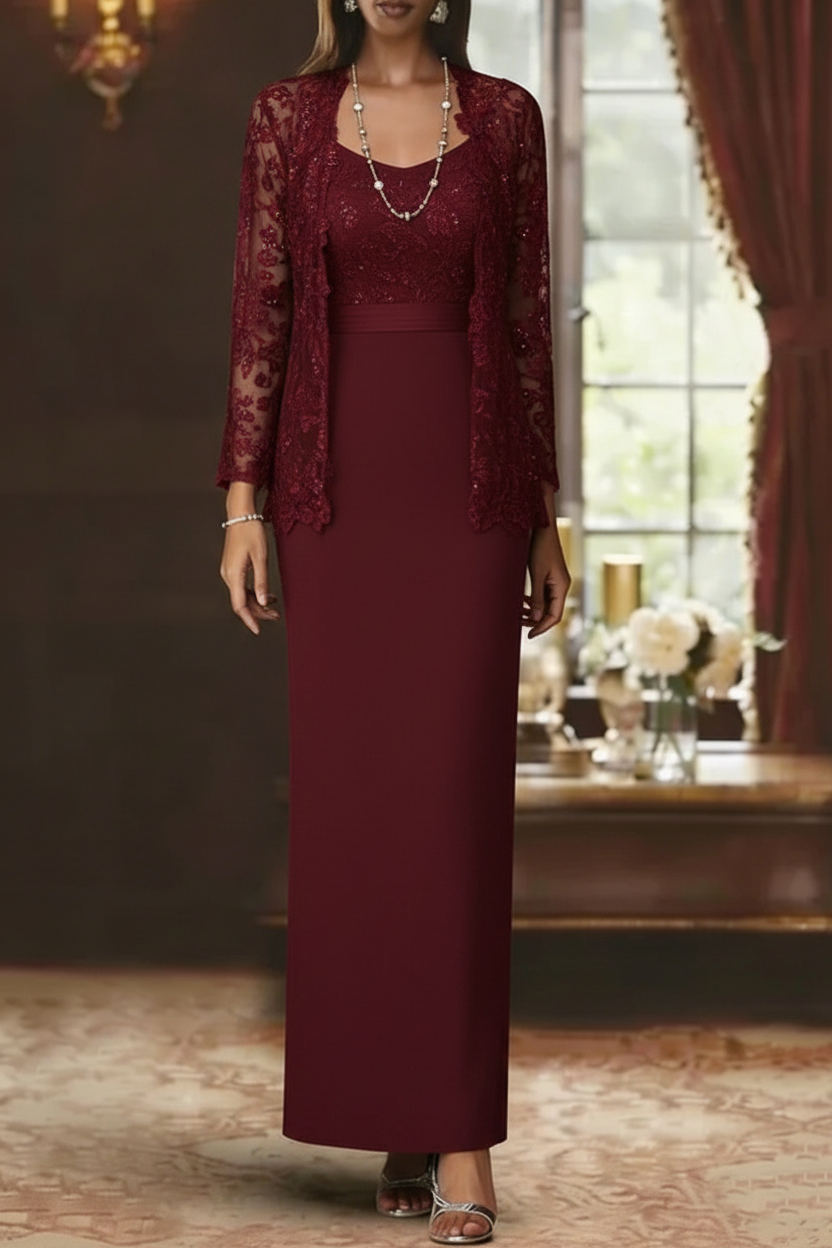Sheath/Column Scoop Chiffon Mother of the Bride Dresses with Jacket Lace Ankle-Length Long Sleeves