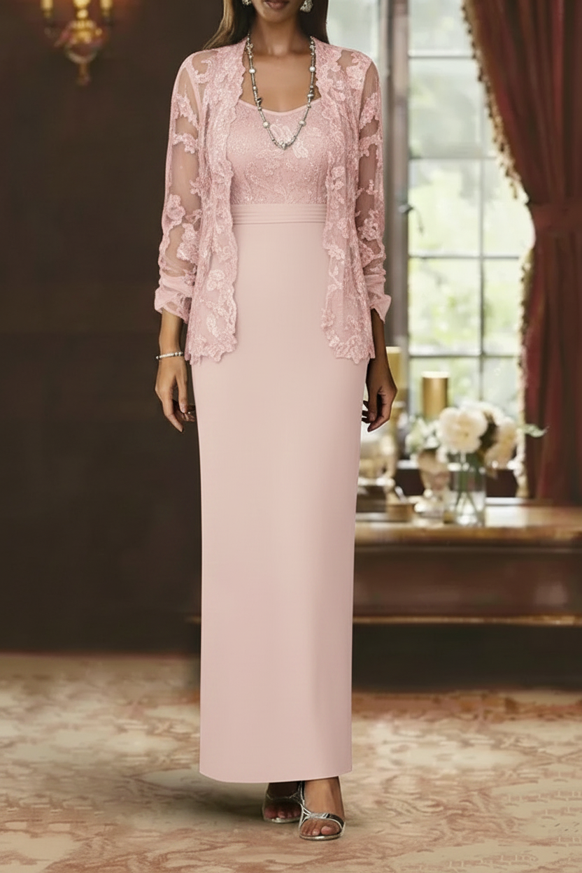 Sheath/Column Scoop Chiffon Mother of the Bride Dresses with Jacket Lace Ankle-Length Long Sleeves