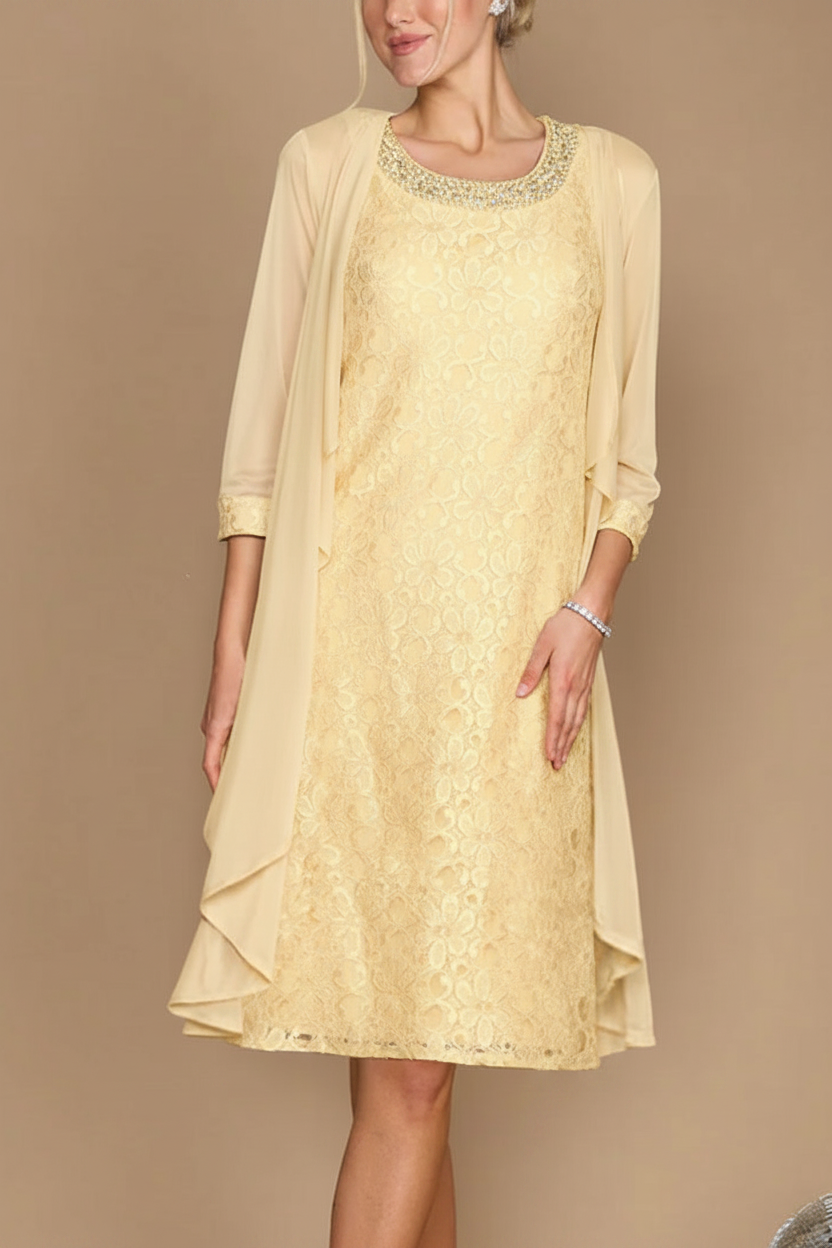 Sheath/Column Scoop Half Sleeves Knee-Length Mother of the Bride Dresses With Jacket & Embroidery