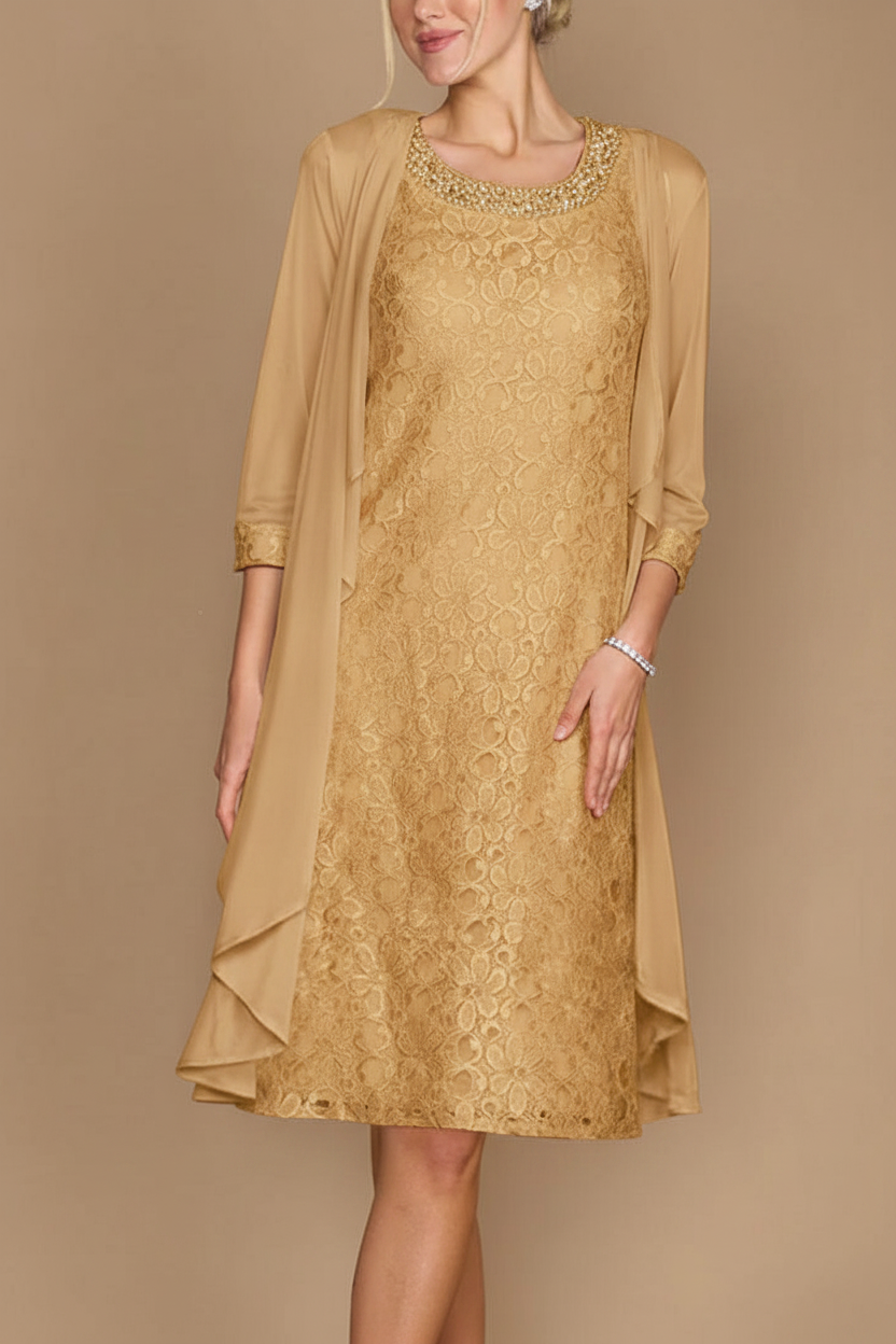 Sheath/Column Scoop Half Sleeves Knee-Length Mother of the Bride Dresses With Jacket & Embroidery