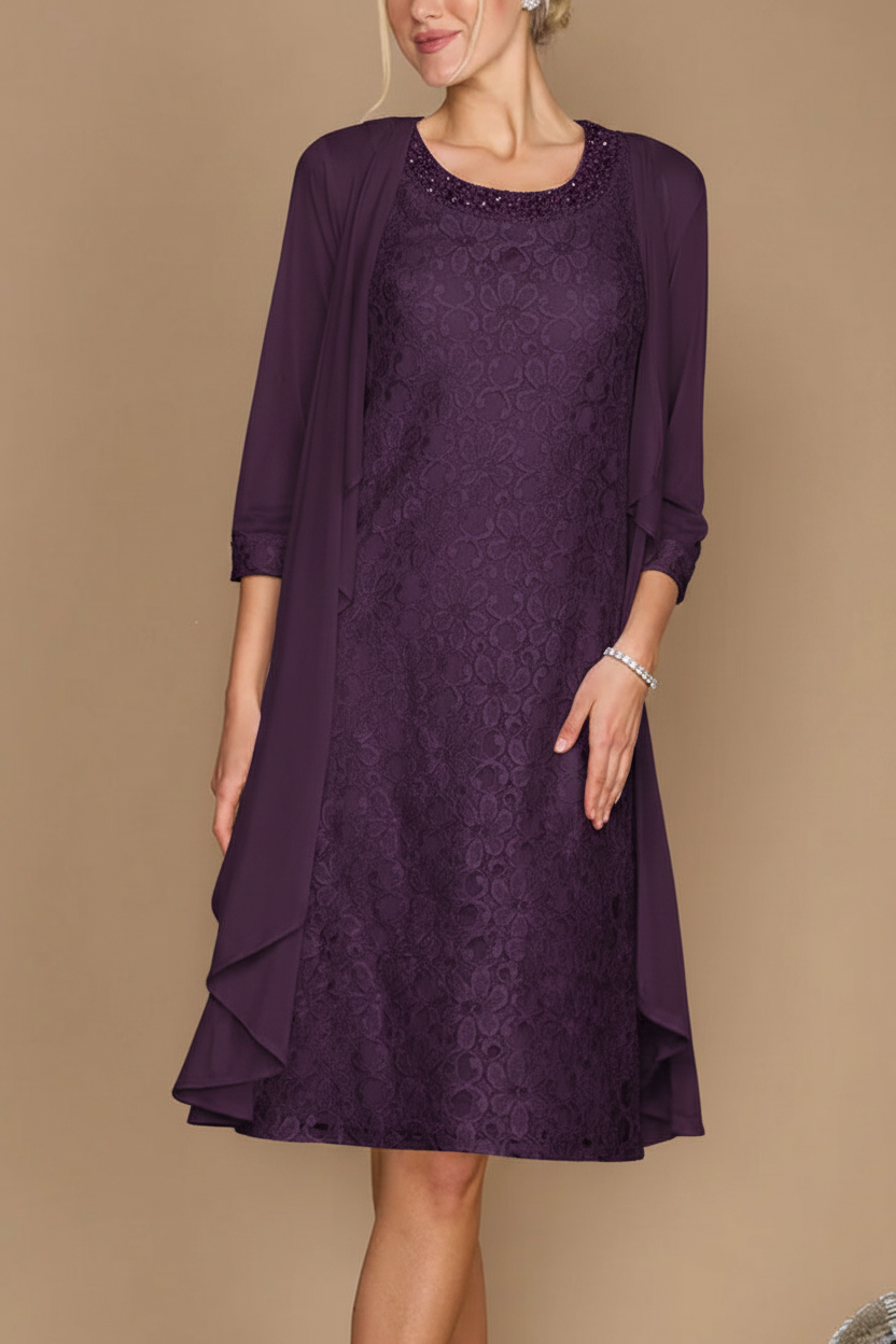 Sheath/Column Scoop Half Sleeves Knee-Length Mother of the Bride Dresses With Jacket & Embroidery