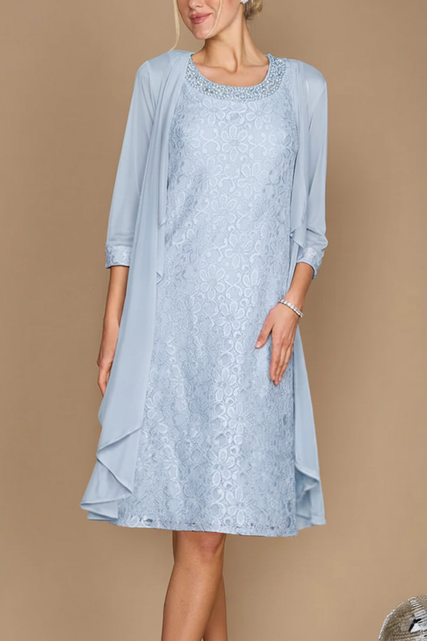 Sheath/Column Scoop Half Sleeves Knee-Length Mother of the Bride Dresses With Jacket & Embroidery