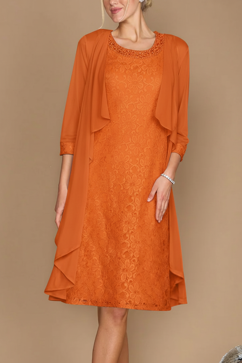 Sheath/Column Scoop Half Sleeves Knee-Length Mother of the Bride Dresses With Jacket & Embroidery