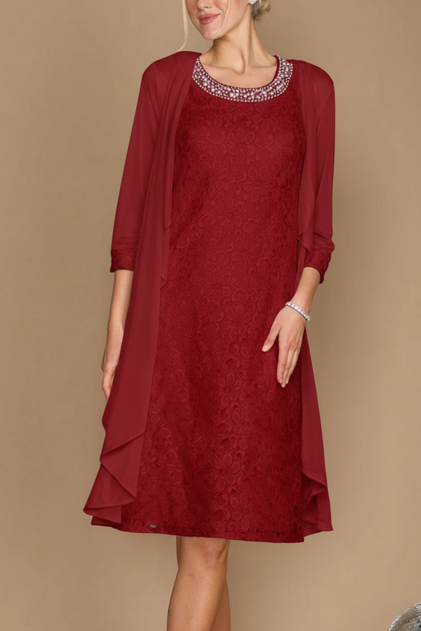 Sheath/Column Scoop Half Sleeves Knee-Length Mother of the Bride Dresses With Jacket & Embroidery