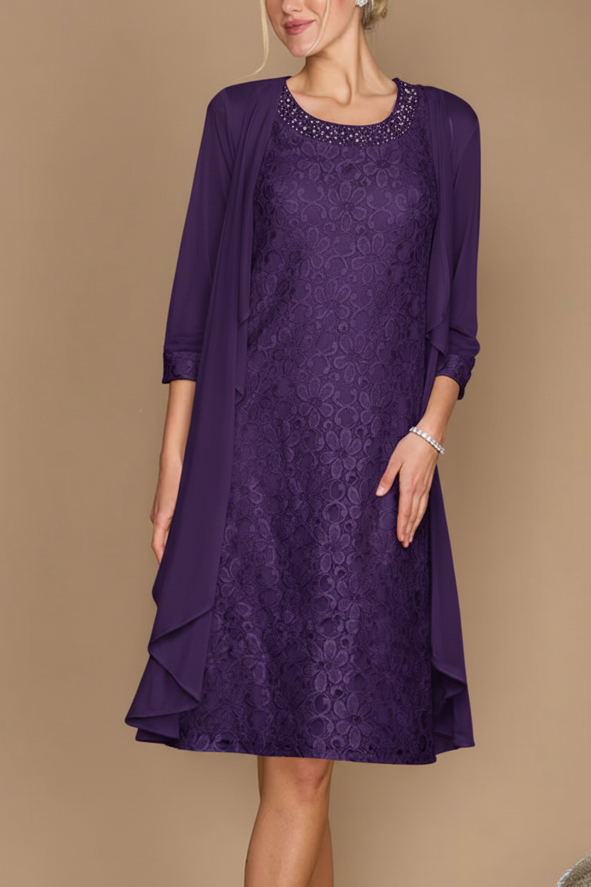 Sheath/Column Scoop Half Sleeves Knee-Length Mother of the Bride Dresses With Jacket & Embroidery