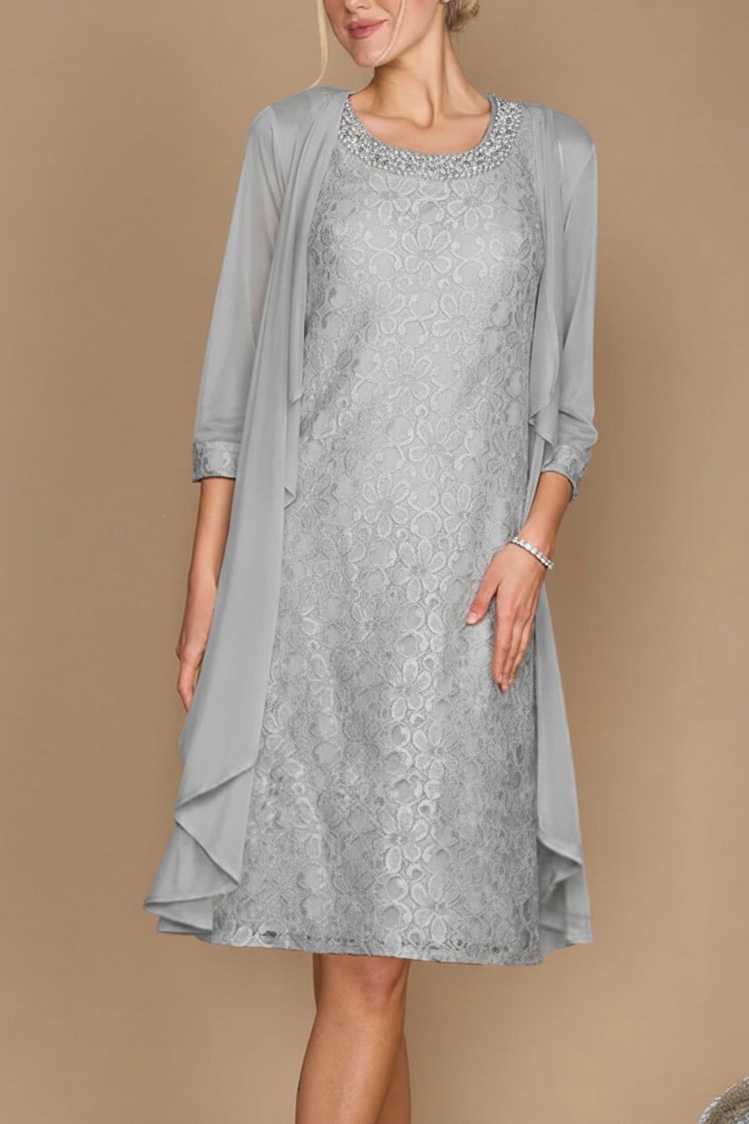 Sheath/Column Scoop Half Sleeves Knee-Length Mother of the Bride Dresses With Jacket & Embroidery