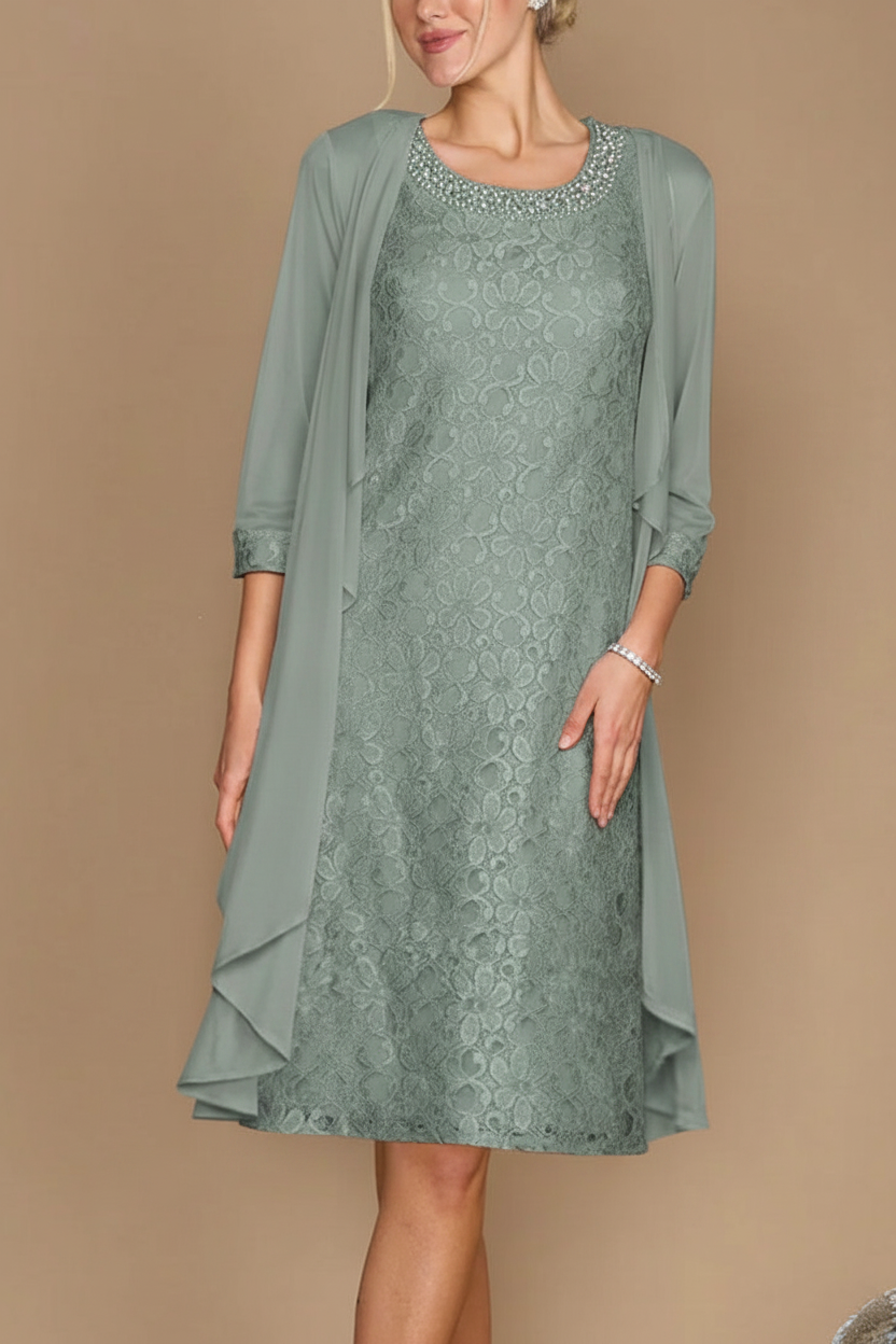 Sheath/Column Scoop Half Sleeves Knee-Length Mother of the Bride Dresses With Jacket & Embroidery