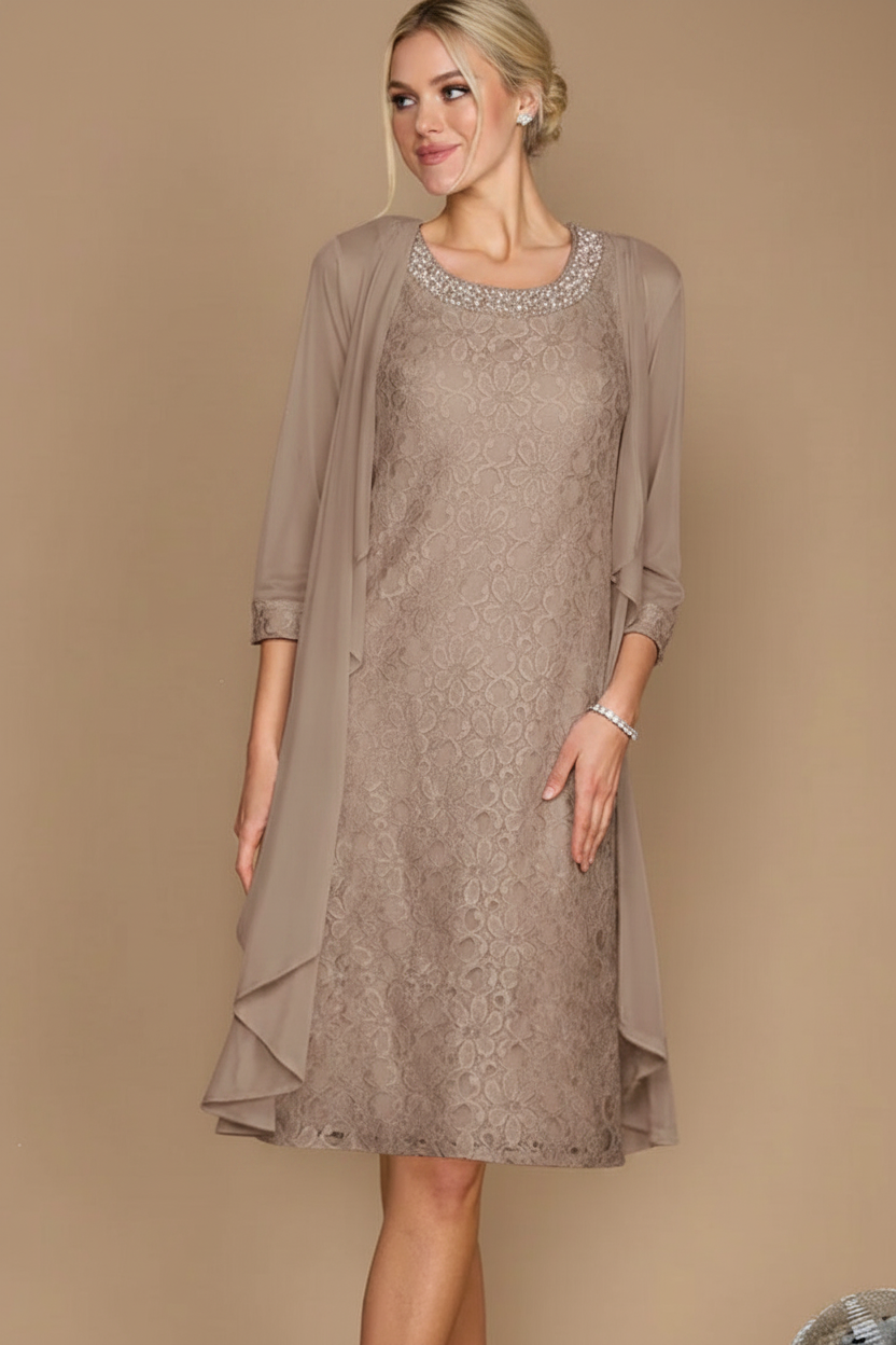 Sheath/Column Scoop Half Sleeves Knee-Length Mother of the Bride Dresses With Jacket & Embroidery