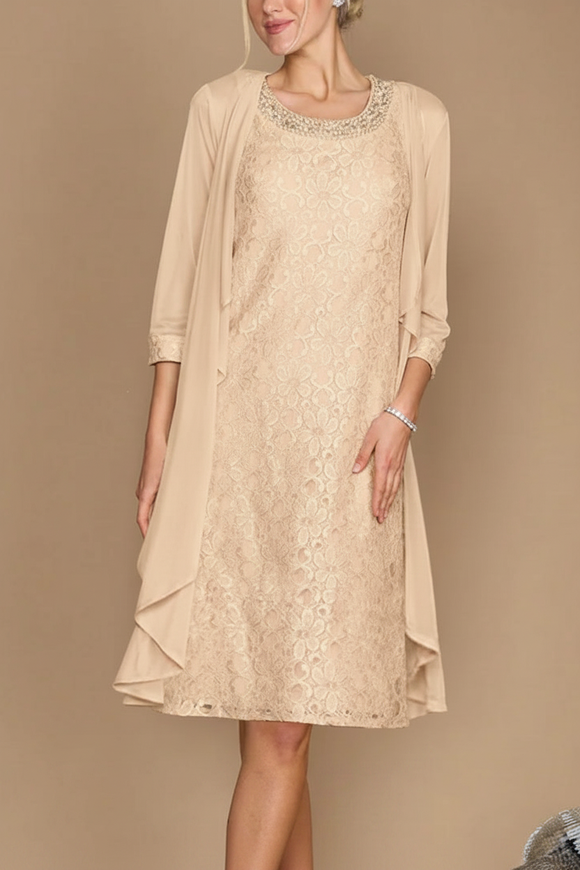 Sheath/Column Scoop Half Sleeves Knee-Length Mother of the Bride Dresses With Jacket & Embroidery