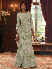Sheath/Column Scoop Jacquard Mother of the Bride Dresses Floor-Length Floral 3/4 Sleeves Ruffles